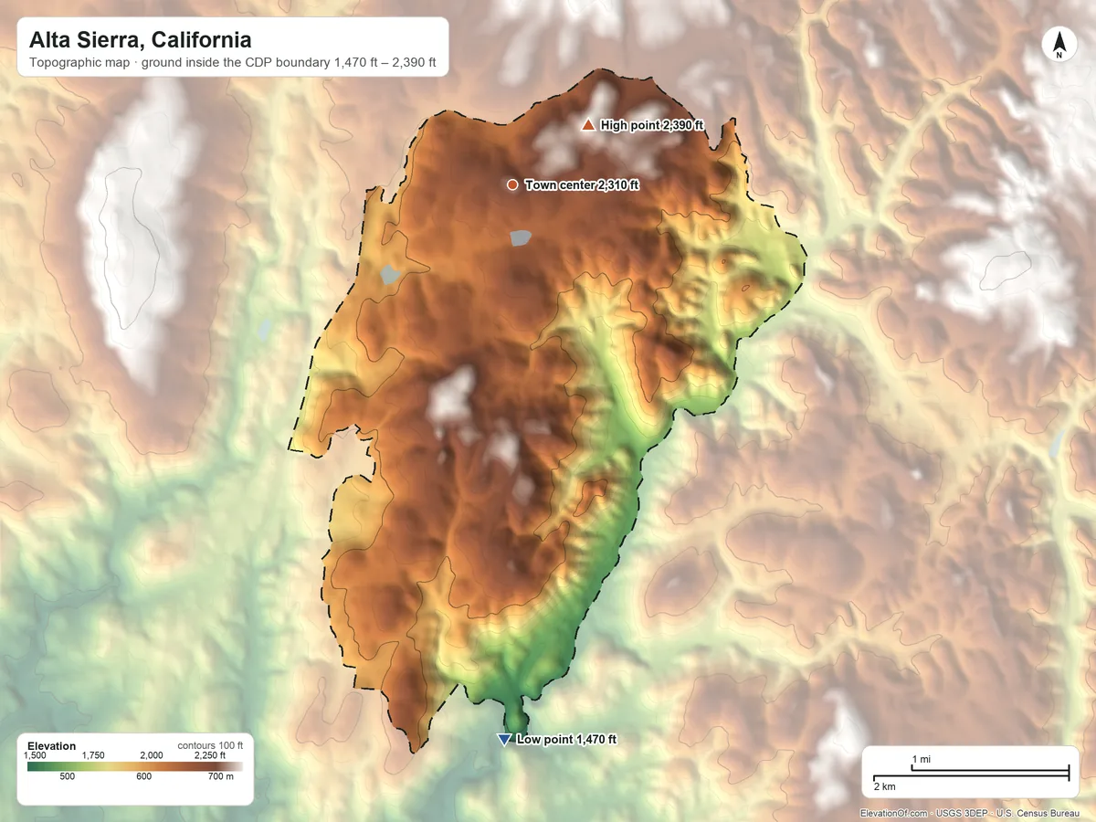 Topographic elevation map of Alta Sierra, California, shaded from 1,470 ft on the south side to 2,390 ft at the foot of the Sand Hills