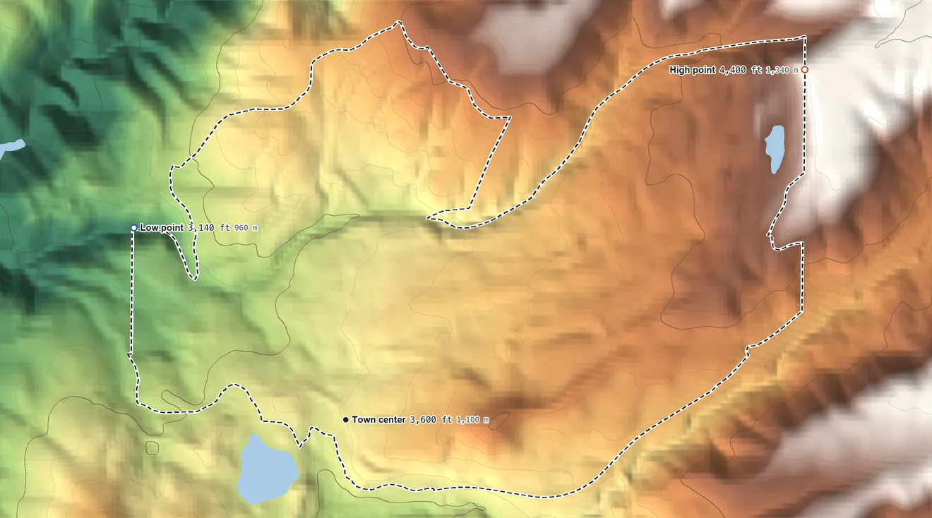 Topographic elevation map of Alta, California, shaded from 3,140 ft on the northwest side to 4,400 ft on the northeast side