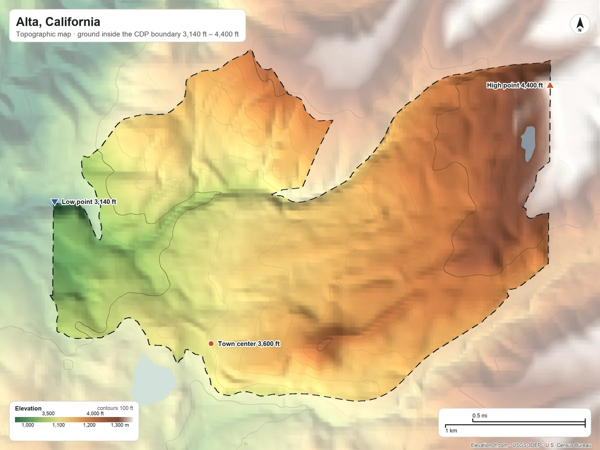 Topographic elevation map of Alta, California, shaded from 3,140 ft on the northwest side to 4,400 ft on the northeast side