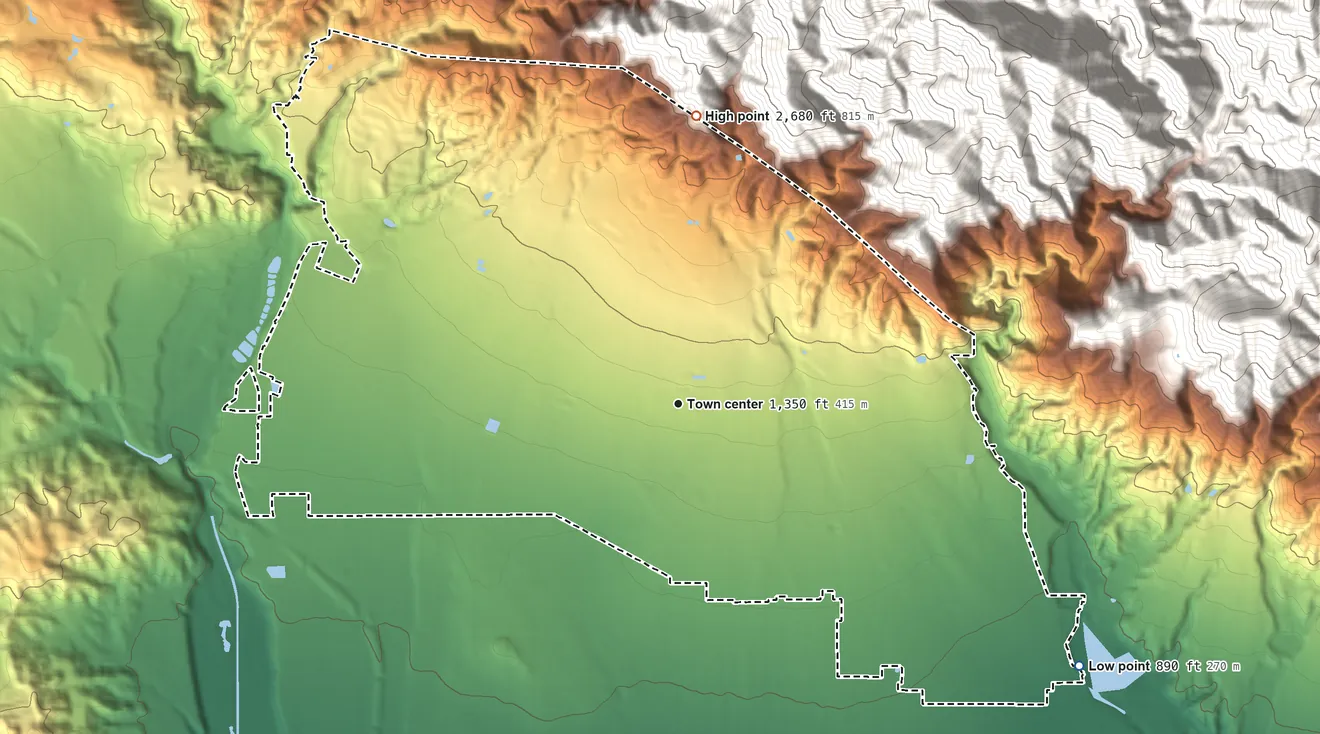 Topographic elevation map of Altadena, California, shaded from 890 ft on the southeast side to 2,680 ft at the foot of the San Rafael Hills