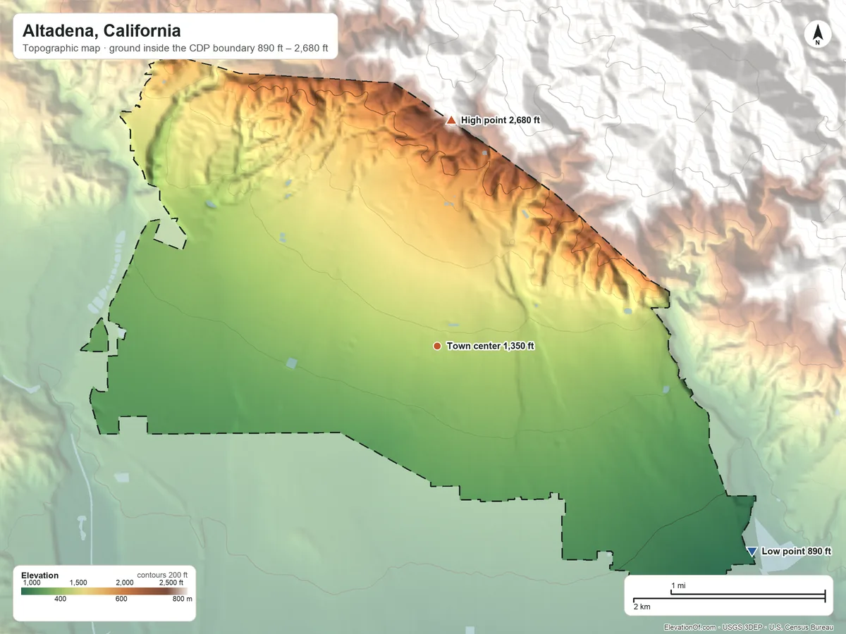 Topographic elevation map of Altadena, California, shaded from 890 ft on the southeast side to 2,680 ft at the foot of the San Rafael Hills