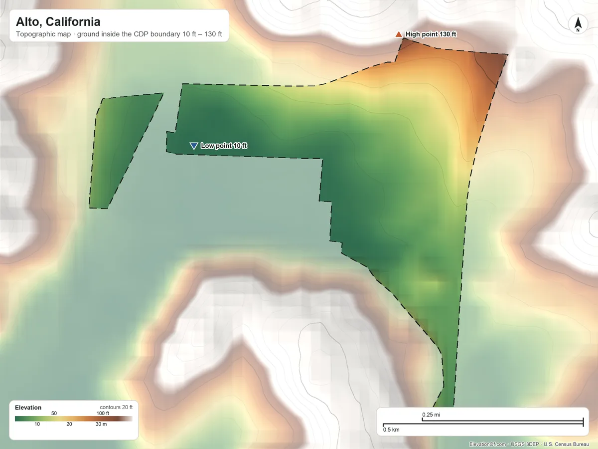Topographic elevation map of Alto, California, shaded from 10 ft on the west side to 130 ft at the foot of the San Miguel Hills
