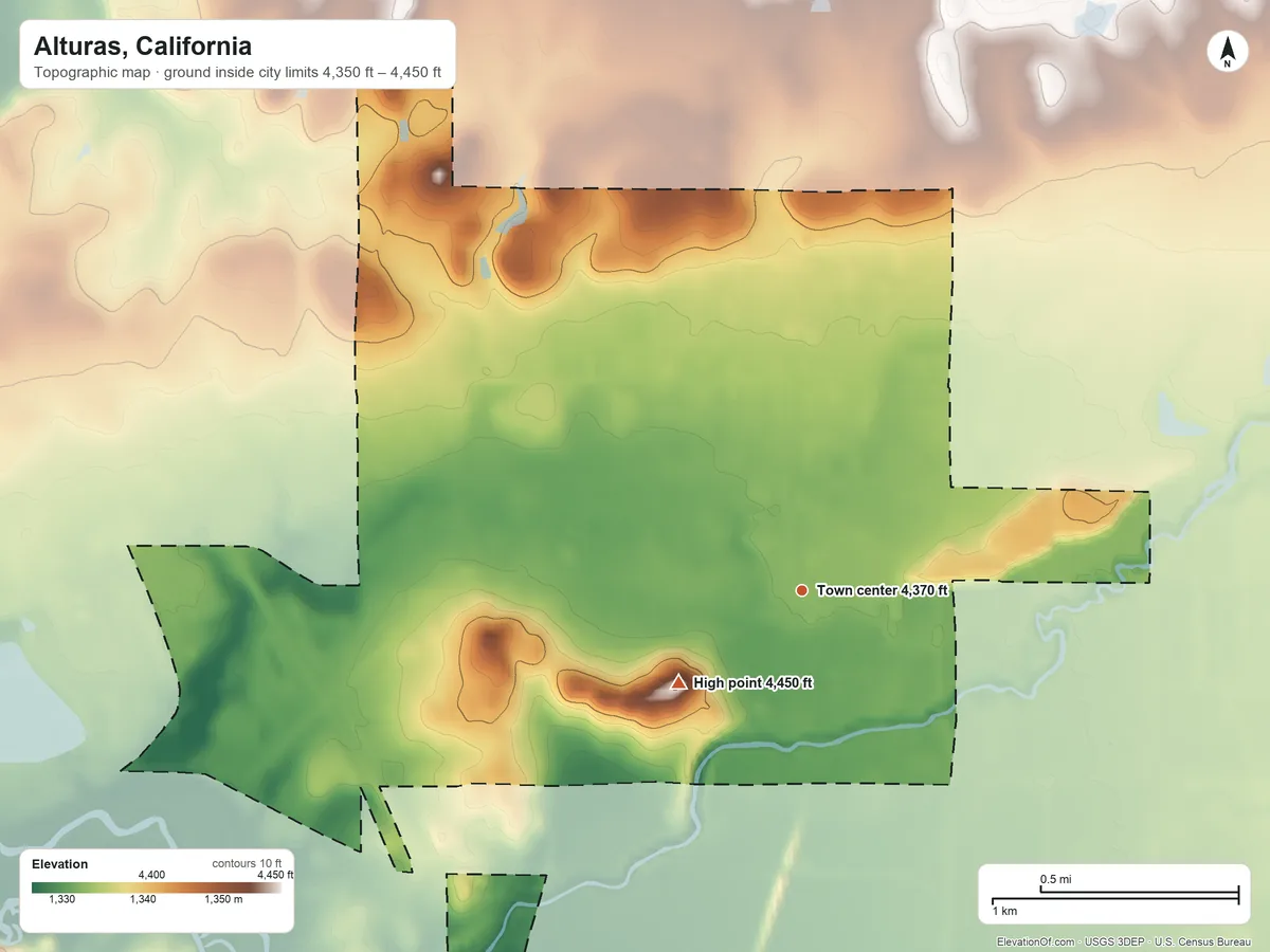 Topographic elevation map of Alturas, California, shaded from 4,350 ft on the southwest side to 4,450 ft on the southwest side