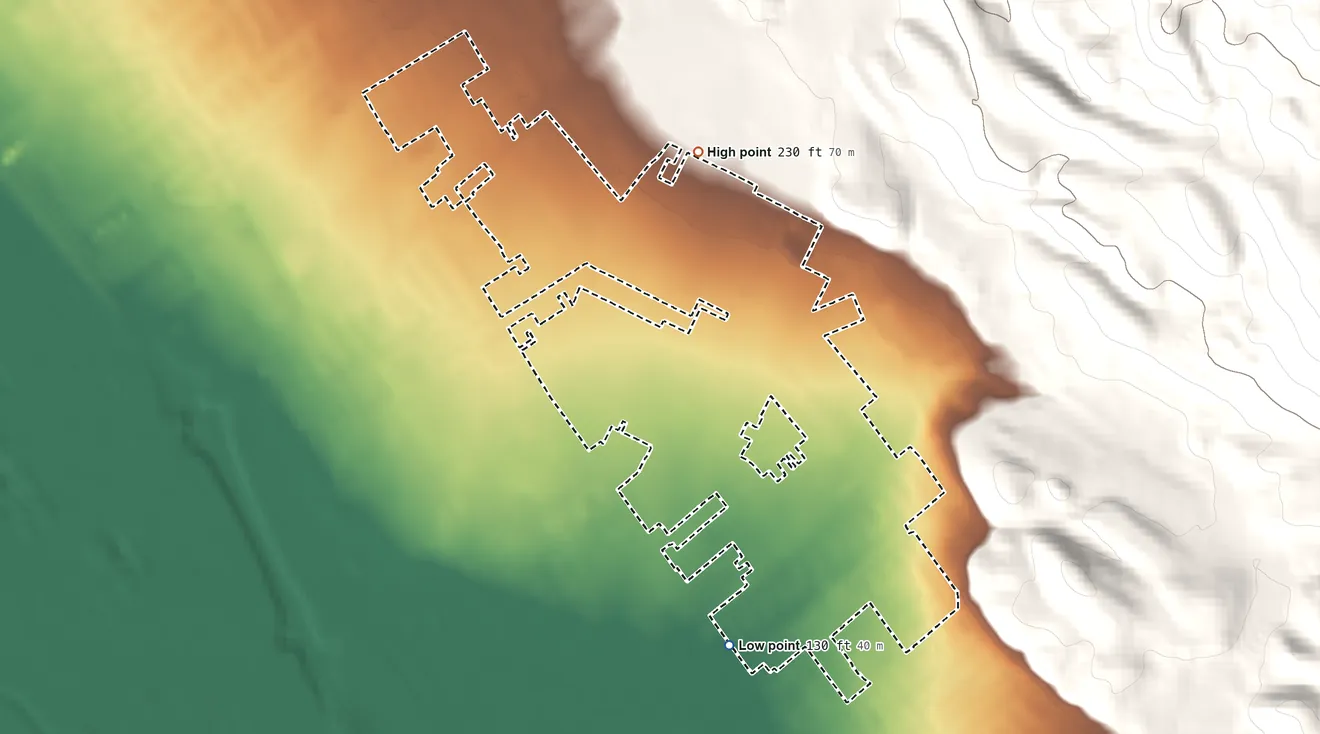 Topographic elevation map of Alum Rock, California, shaded from 130 ft on the south side to 230 ft at the foot of the Los Buellis Hills