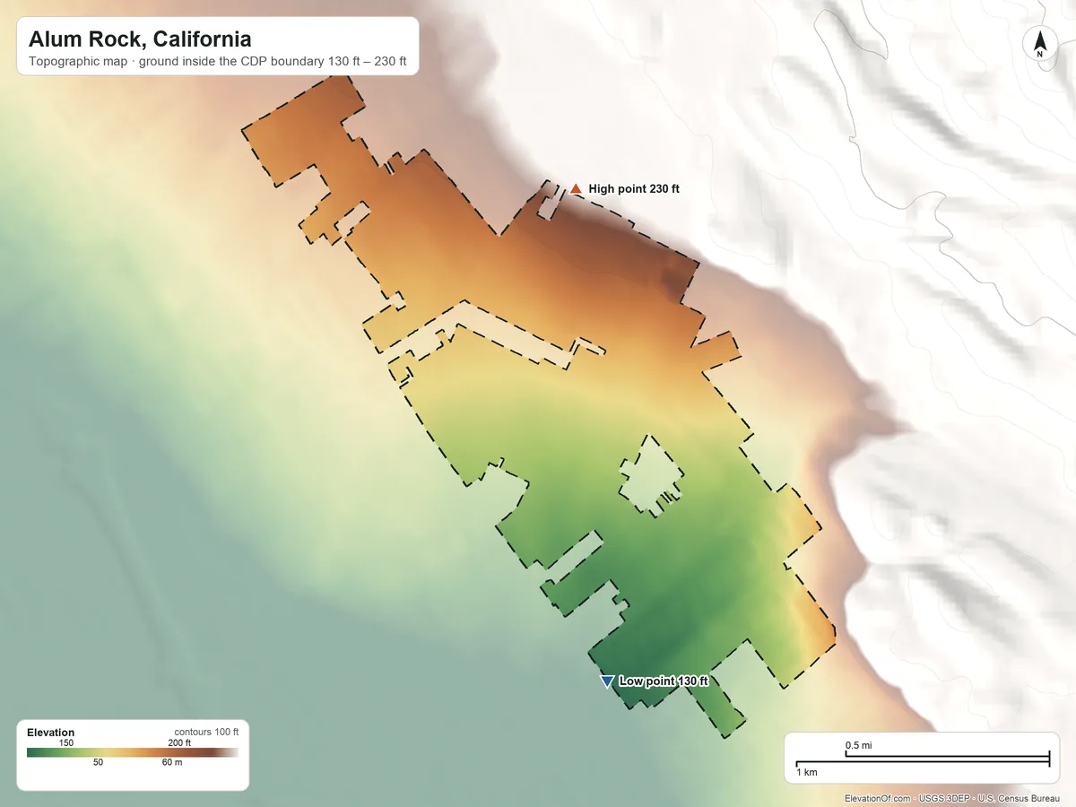 Topographic elevation map of Alum Rock, California, shaded from 130 ft on the south side to 230 ft at the foot of the Los Buellis Hills