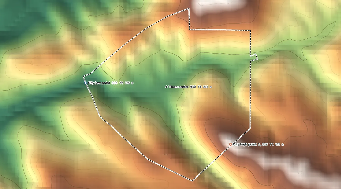 Topographic elevation map of Amador City, California, shaded from 890 ft on the west side to 1,330 ft on the southeast edge, below higher ground just outside
