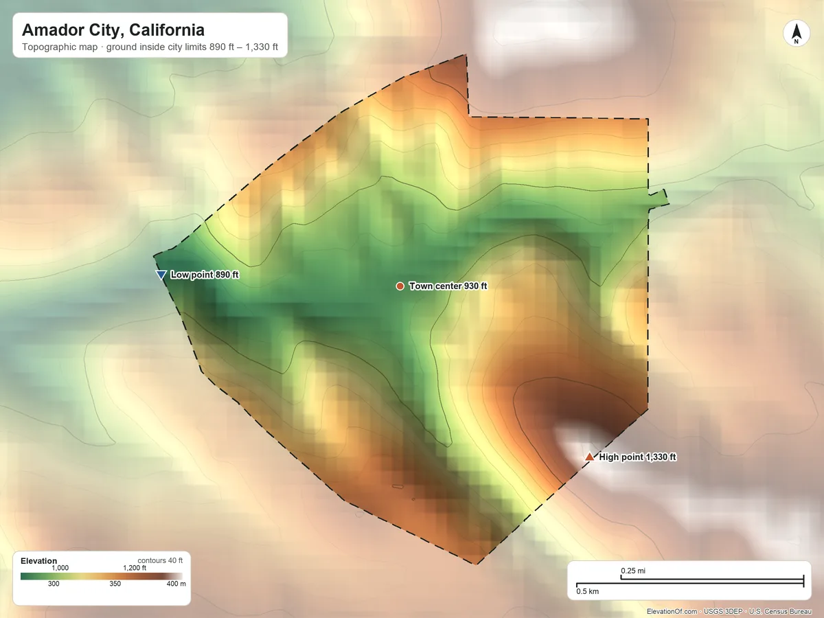 Topographic elevation map of Amador City, California, shaded from 890 ft on the west side to 1,330 ft on the southeast edge, below higher ground just outside