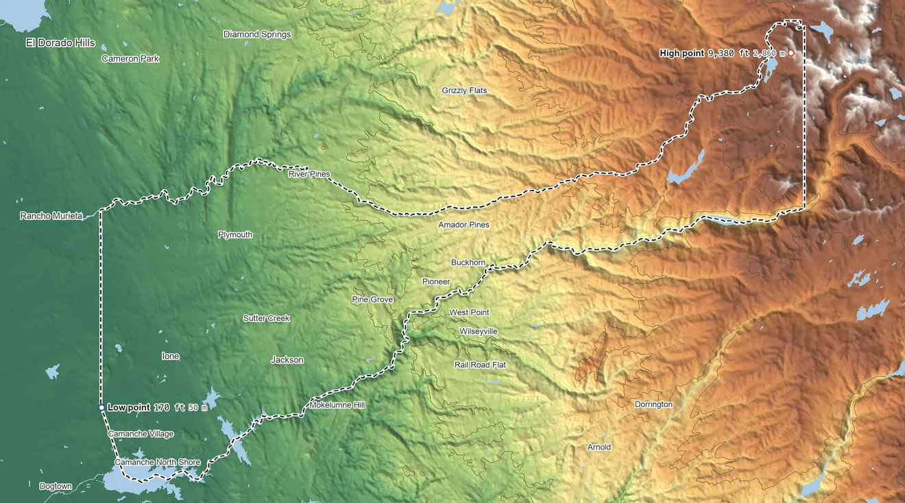 Topographic elevation map of Amador County, California, shaded from 170 ft on the southwest side to 9,380 ft on Thunder Mountain