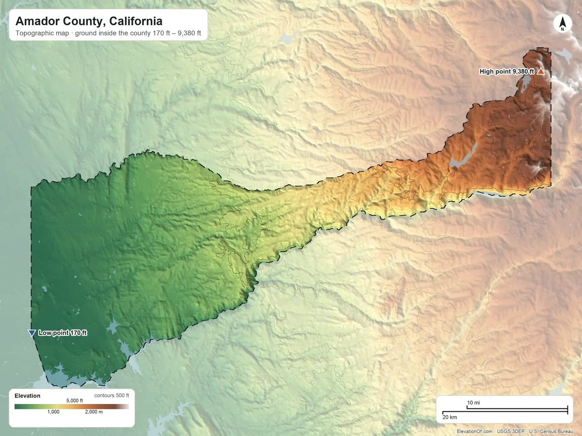 Topographic elevation map of Amador County, California, shaded from 170 ft on the southwest side to 9,380 ft on Thunder Mountain