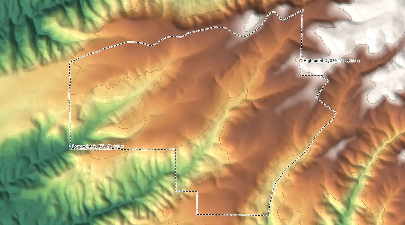Topographic elevation map of Amador Pines, California, shaded from 2,970 ft on the west side to 4,030 ft on the east edge, below higher ground just outside