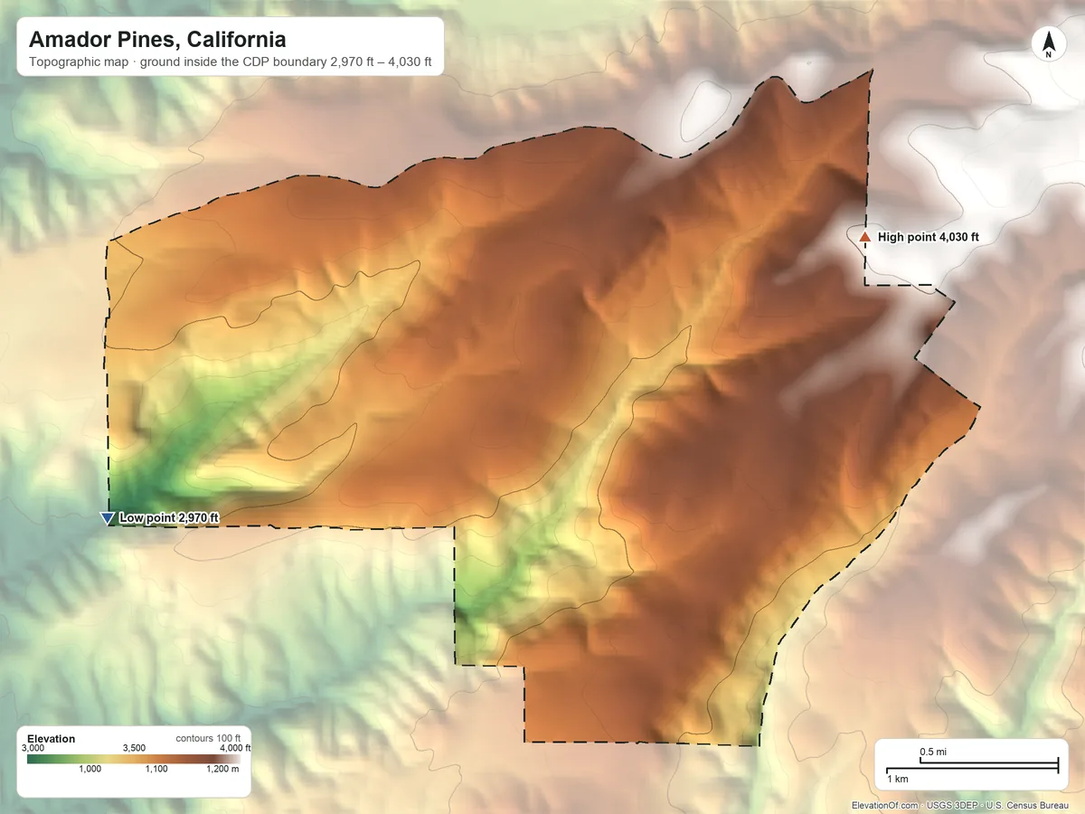 Topographic elevation map of Amador Pines, California, shaded from 2,970 ft on the west side to 4,030 ft on the east edge, below higher ground just outside