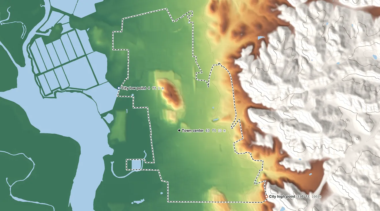 Topographic elevation map of American Canyon, California, shaded from 4 ft on the northwest side to 330 ft at the foot of the Potrero Hills