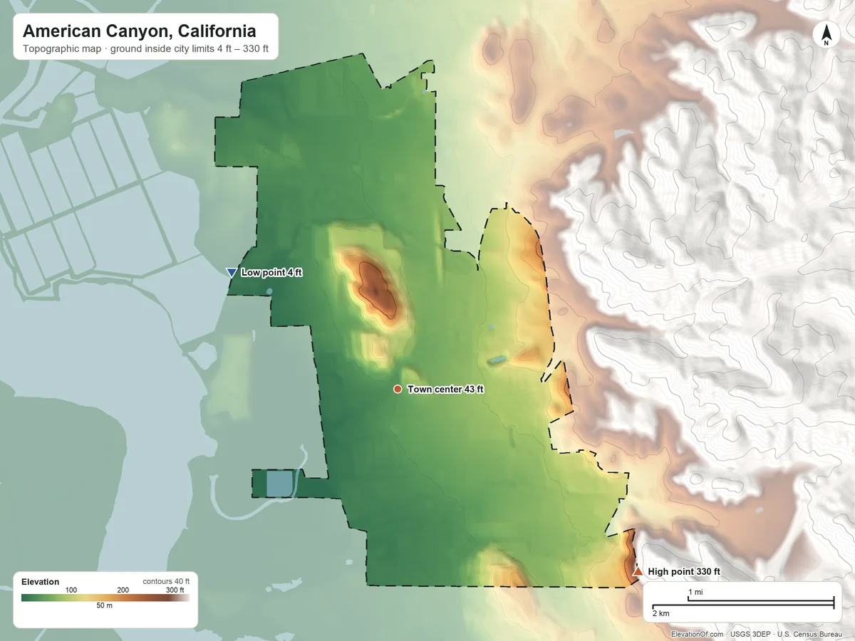Topographic elevation map of American Canyon, California, shaded from 4 ft on the northwest side to 330 ft at the foot of the Potrero Hills
