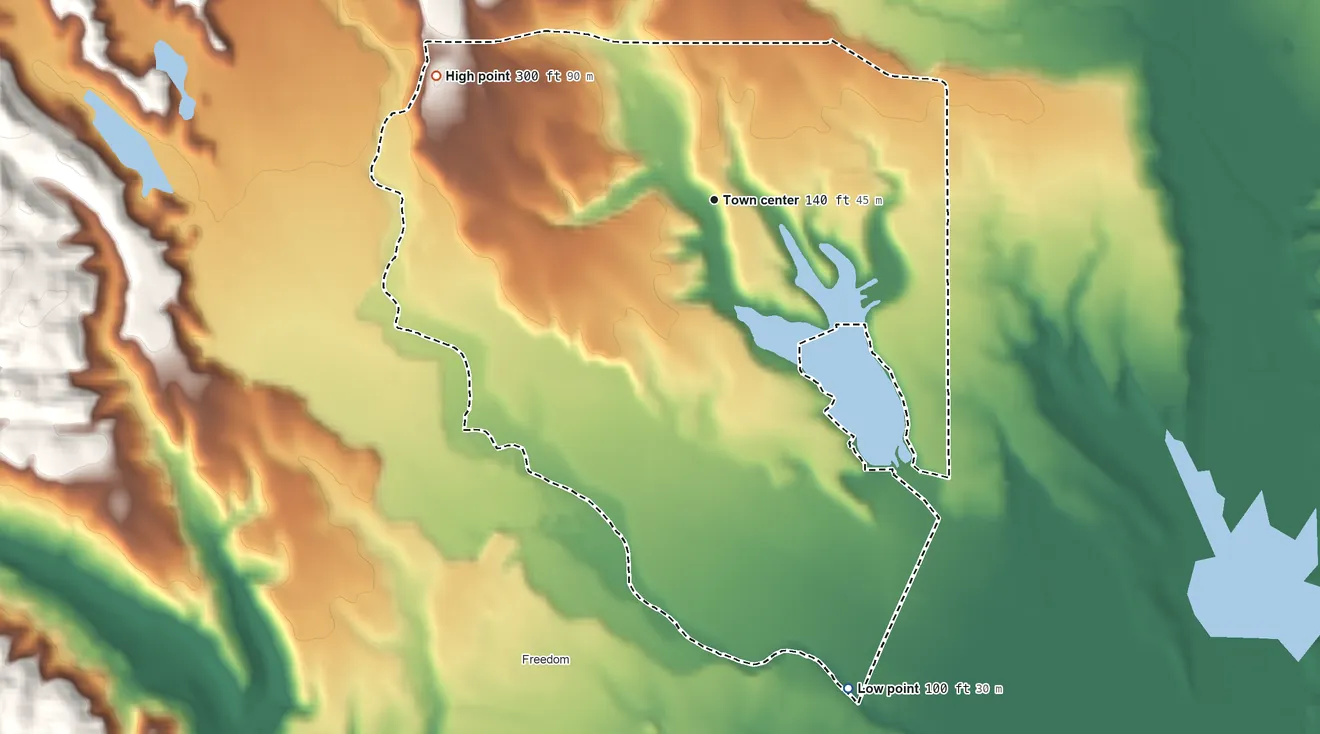 Topographic elevation map of Amesti, California, shaded from 100 ft on the south side to 300 ft on the northwest side