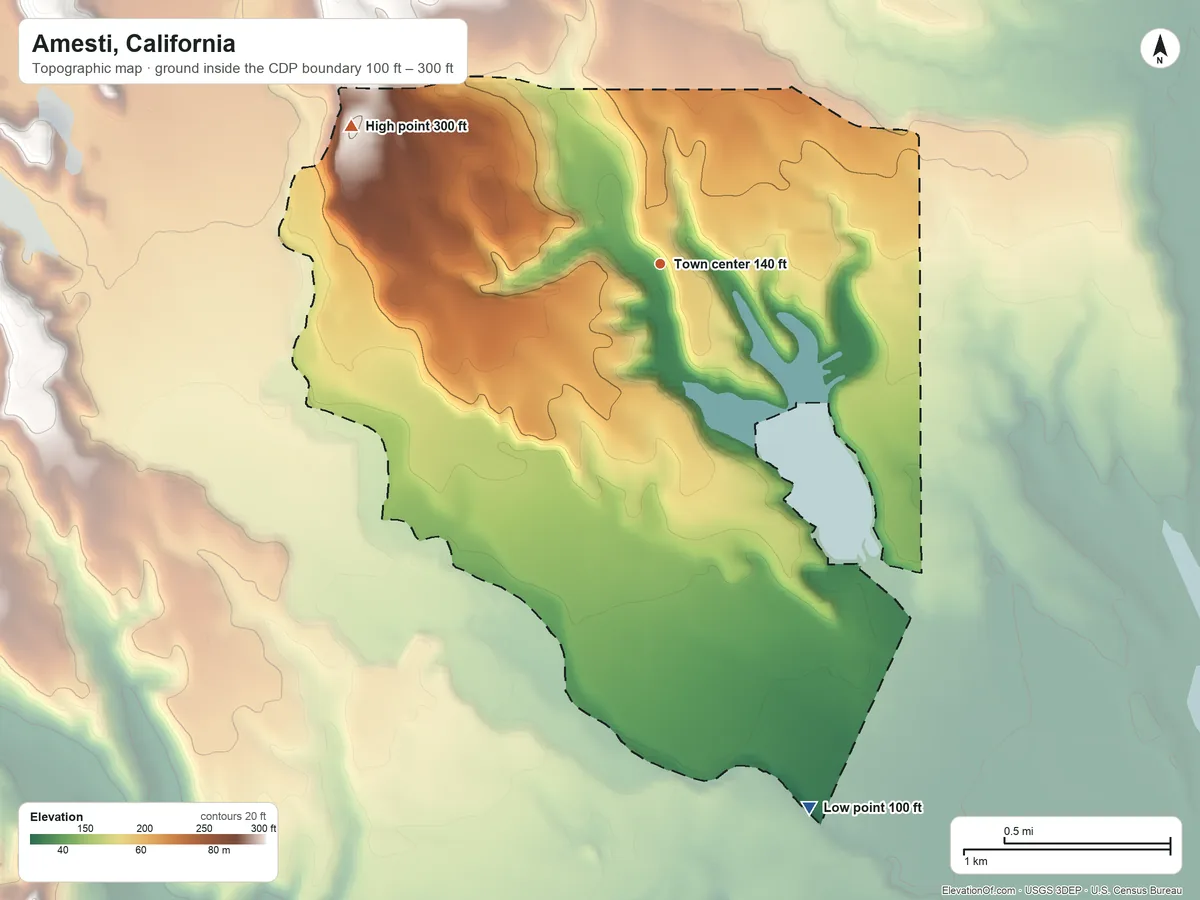 Topographic elevation map of Amesti, California, shaded from 100 ft on the south side to 300 ft on the northwest side