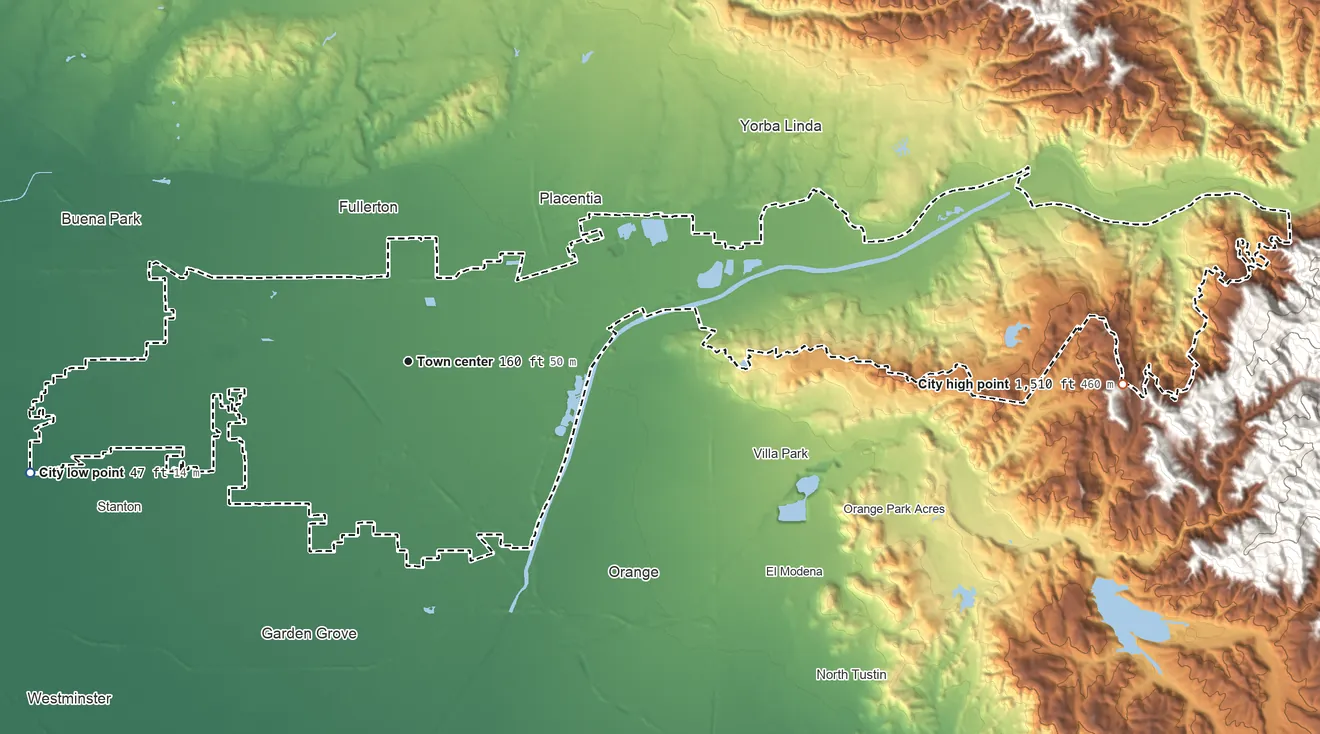 Topographic elevation map of Anaheim, California, shaded from 47 ft on the west side to 1,510 ft at the foot of the Peralta Hills