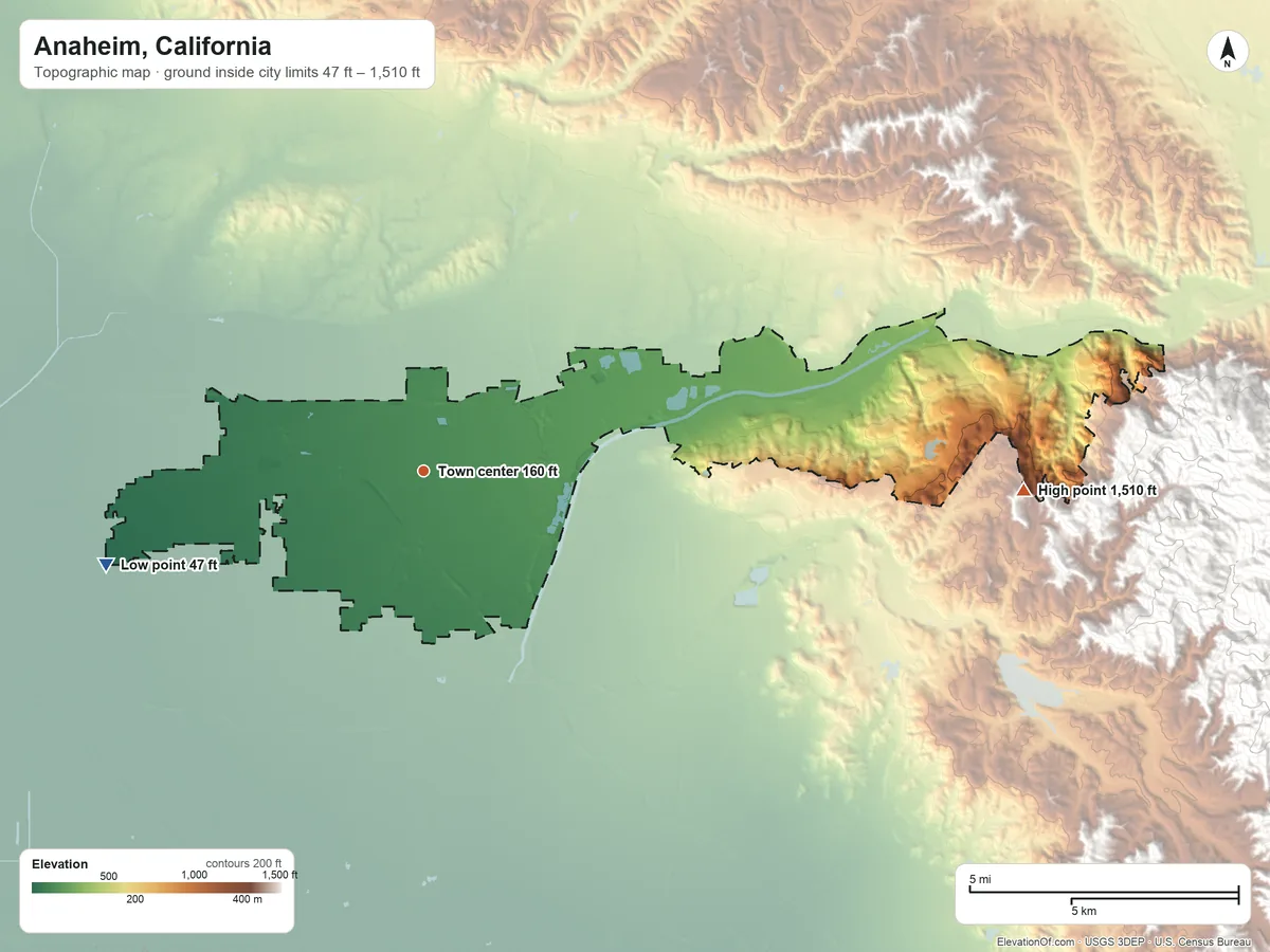 Topographic elevation map of Anaheim, California, shaded from 47 ft on the west side to 1,510 ft at the foot of the Peralta Hills
