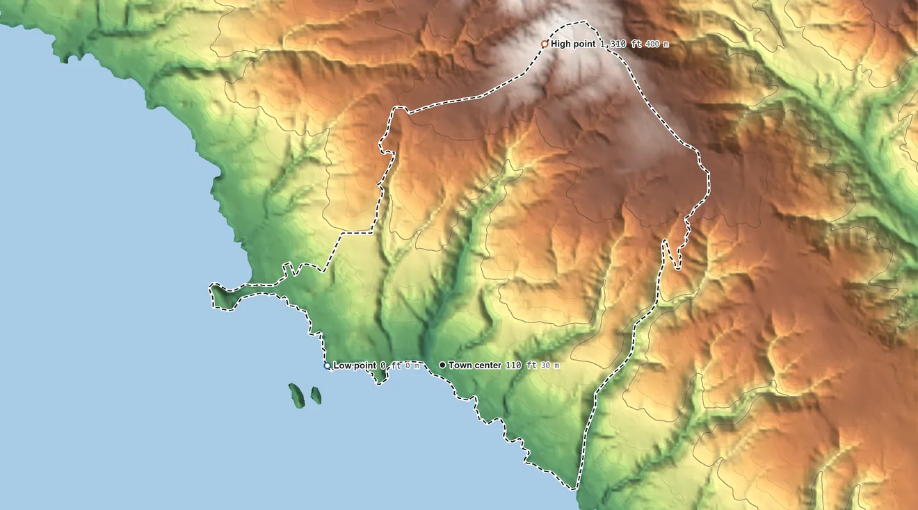 Topographic elevation map of Anchor Bay, California, shaded from sea level level on the Pacific Ocean to 1,310 ft on the north side