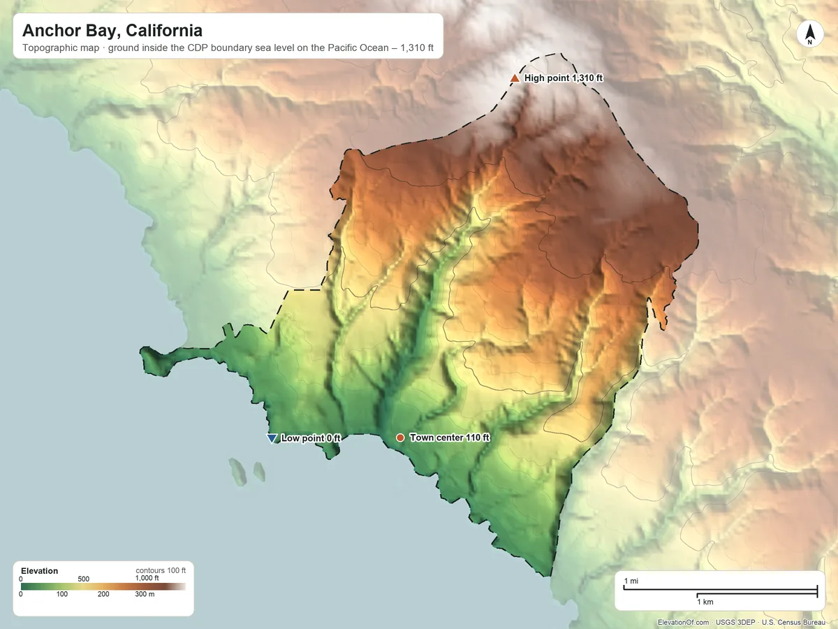 Topographic elevation map of Anchor Bay, California, shaded from sea level level on the Pacific Ocean to 1,310 ft on the north side