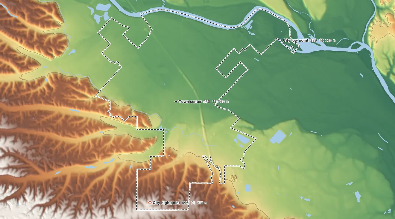 Topographic elevation map of Anderson, California, shaded from 380 ft on the northeast side to 690 ft on the south side