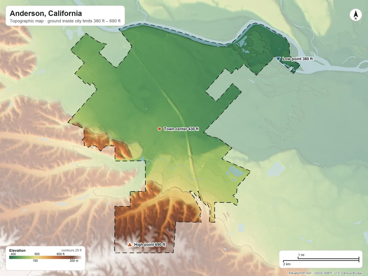 Topographic elevation map of Anderson, California, shaded from 380 ft on the northeast side to 690 ft on the south side