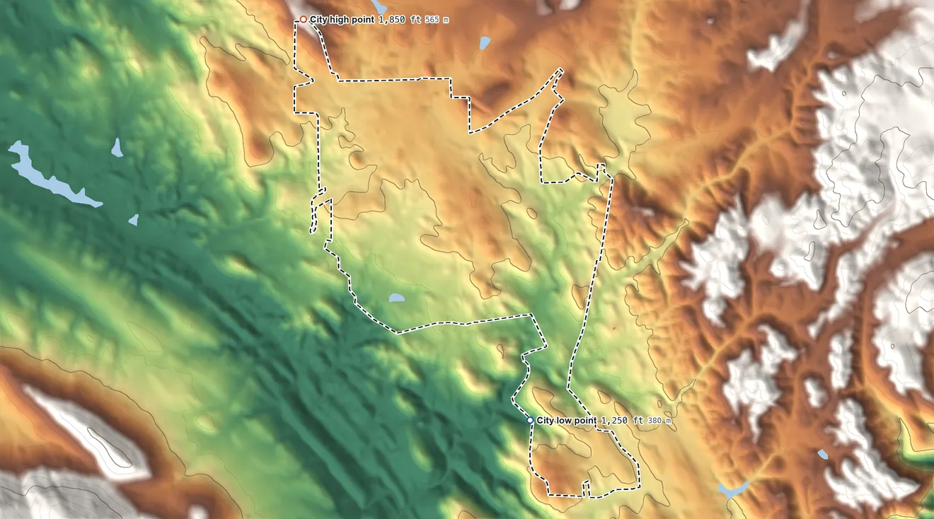 Topographic elevation map of Angels, California, shaded from 1,250 ft on the south side to 1,850 ft on the northwest side
