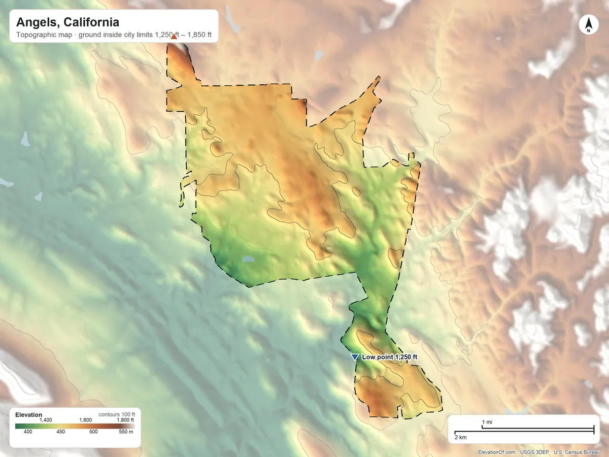 Topographic elevation map of Angels, California, shaded from 1,250 ft on the south side to 1,850 ft on the northwest side
