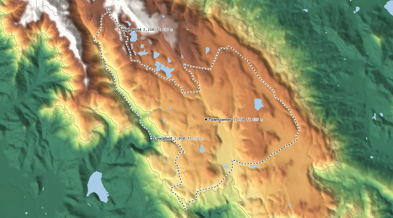 Topographic elevation map of Angwin, California, shaded from 1,090 ft on the west side to 2,260 ft at the foot of The Palisades