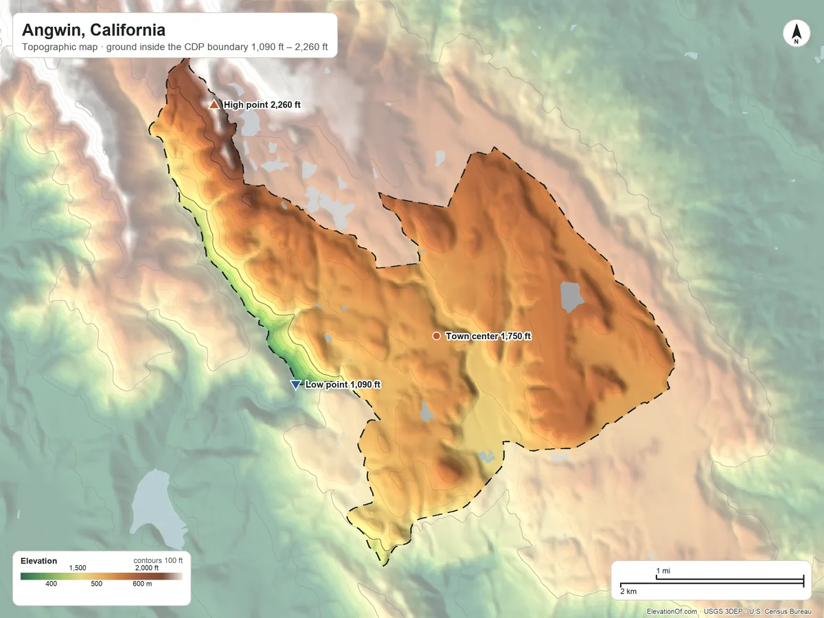 Topographic elevation map of Angwin, California, shaded from 1,090 ft on the west side to 2,260 ft at the foot of The Palisades