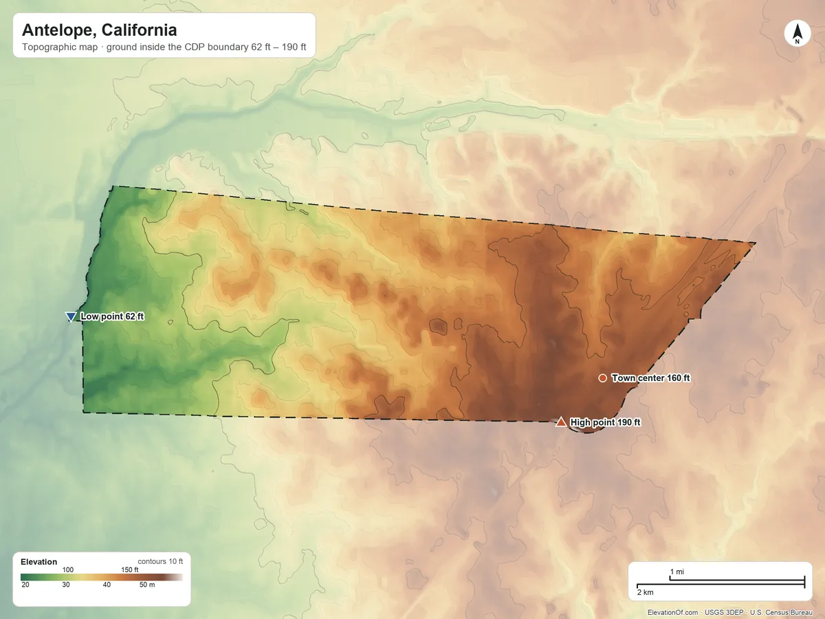 Topographic elevation map of Antelope, California, shaded from 62 ft on the west side to 190 ft near the middle