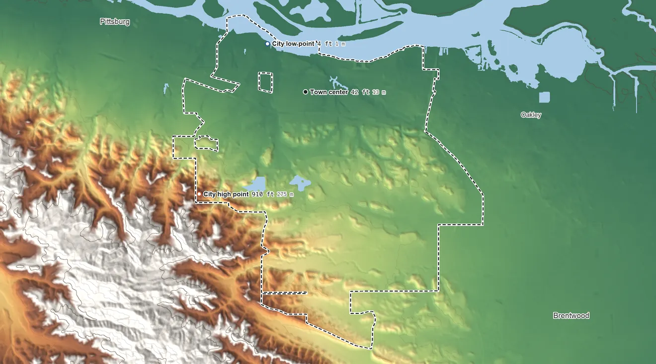 Topographic elevation map of Antioch, California, shaded from 4 ft on the northwest side to 910 ft at the foot of the Black Hills