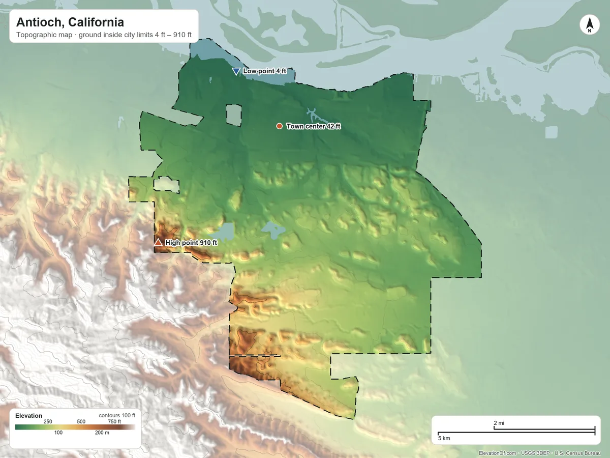 Topographic elevation map of Antioch, California, shaded from 4 ft on the northwest side to 910 ft at the foot of the Black Hills