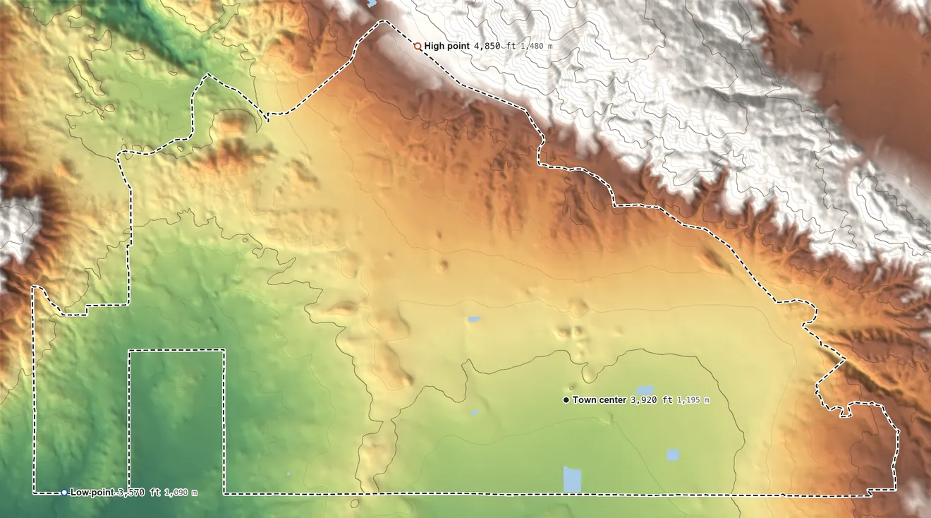 Topographic elevation map of Anza, California, shaded from 3,570 ft on the west side to 4,850 ft at the foot of the Santa Rosa Hills