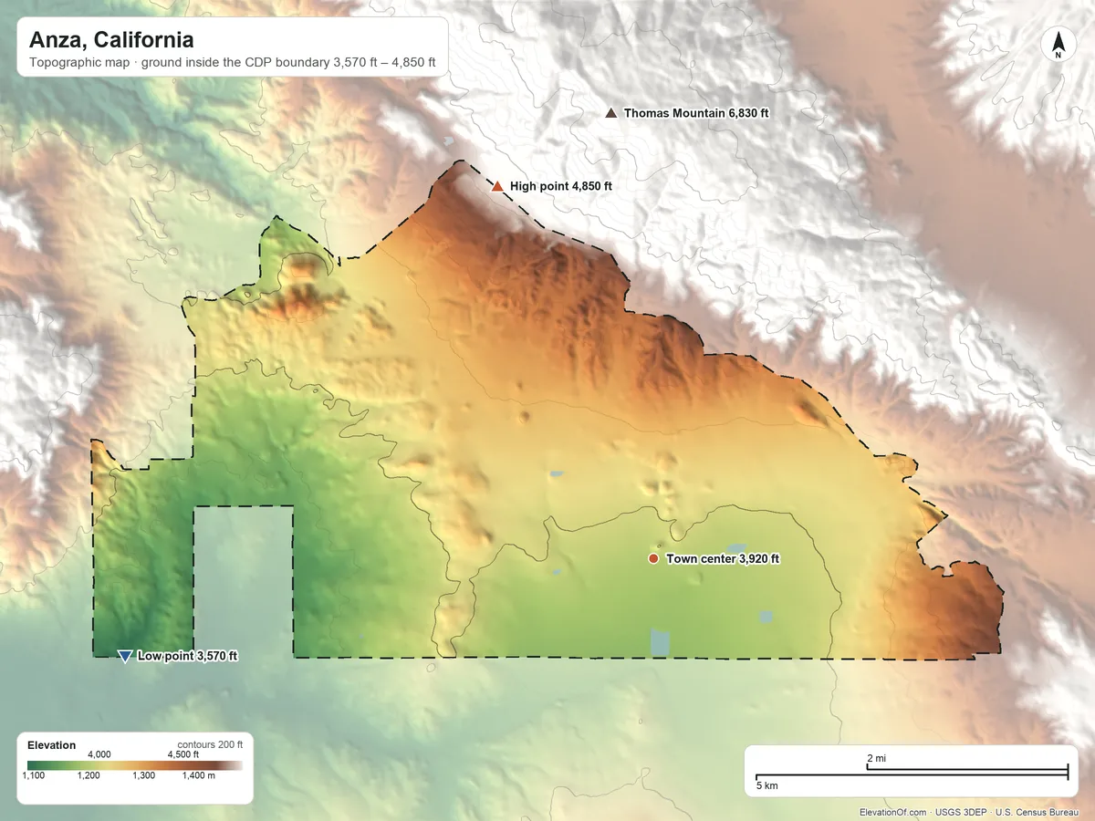Topographic elevation map of Anza, California, shaded from 3,570 ft on the west side to 4,850 ft at the foot of the Santa Rosa Hills