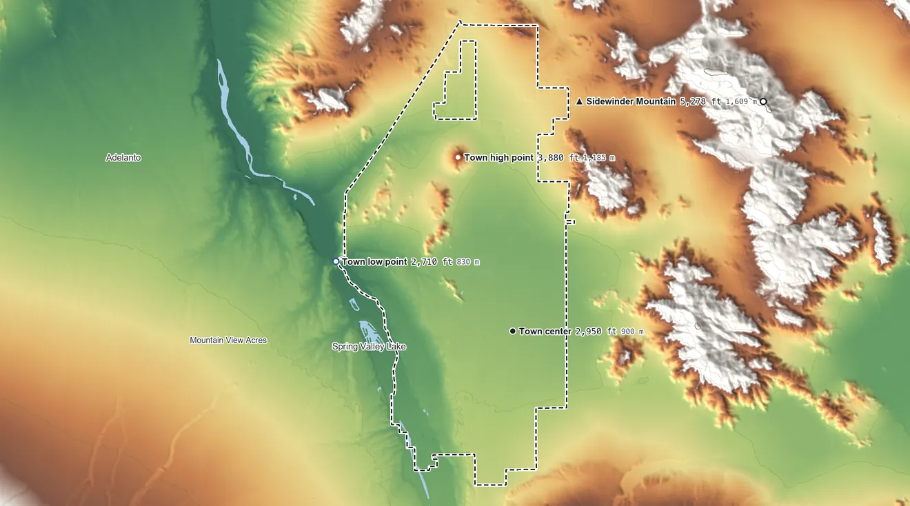 Topographic elevation map of Apple Valley, California, shaded from 2,710 ft on the west side to 3,880 ft on Bell Mountain