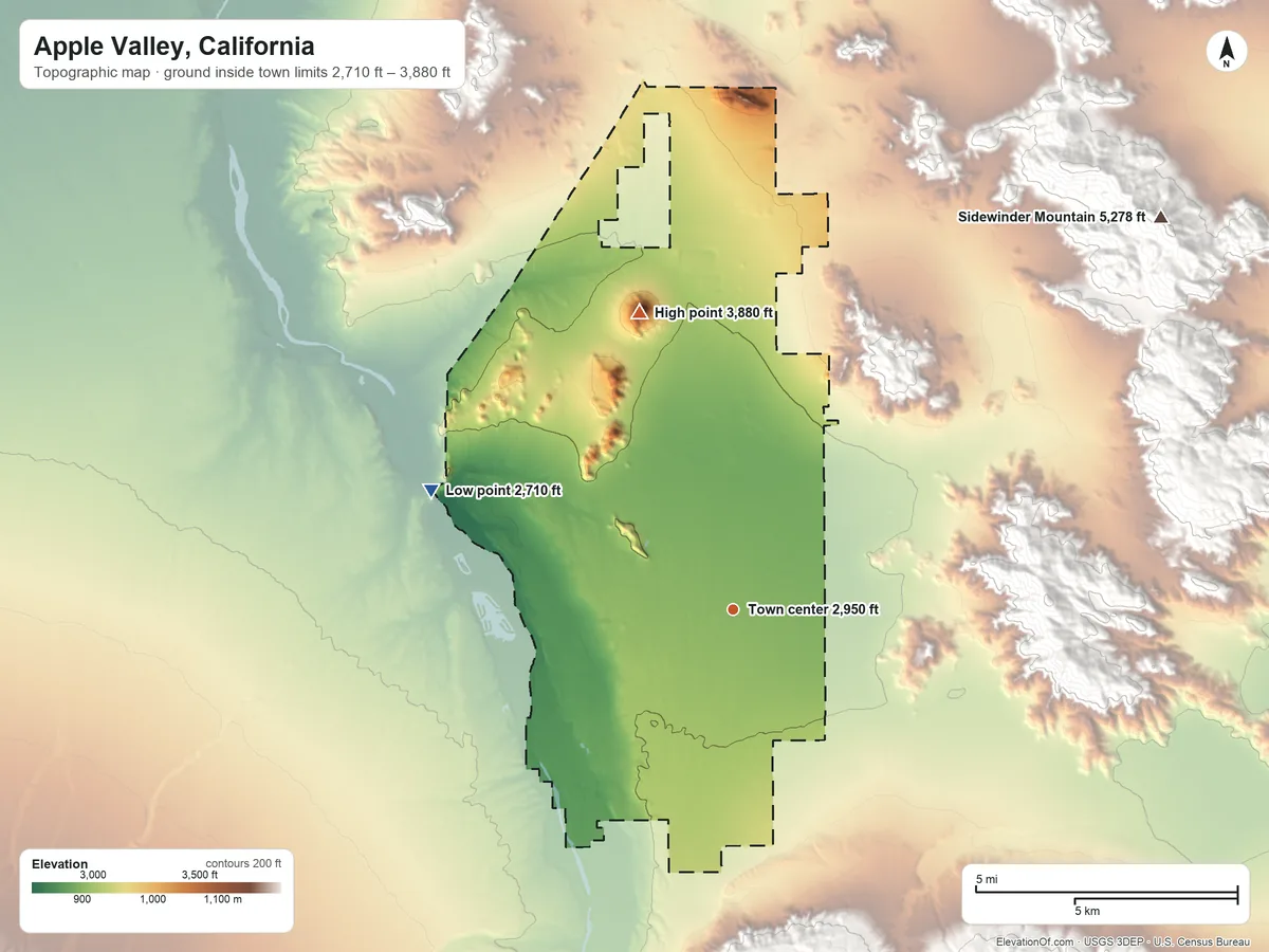 Topographic elevation map of Apple Valley, California, shaded from 2,710 ft on the west side to 3,880 ft on Bell Mountain