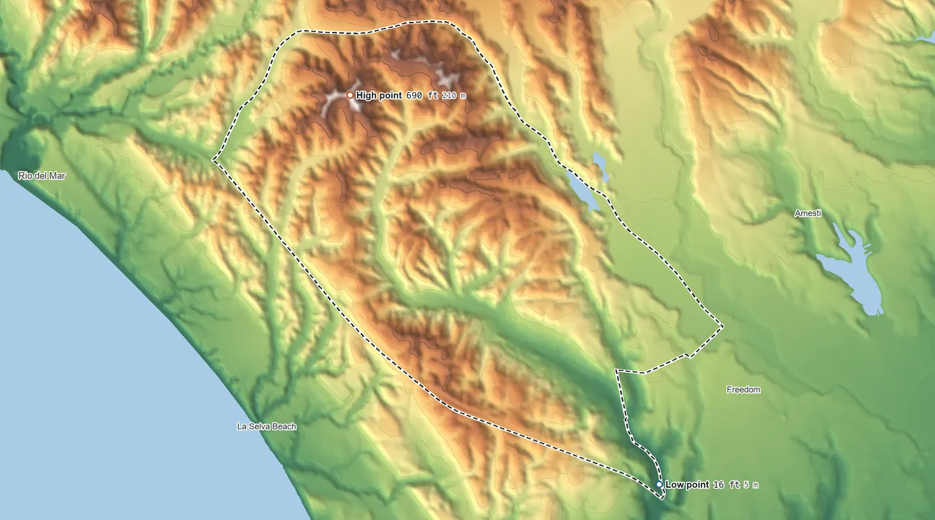 Topographic elevation map of Aptos Hills-Larkin Valley, California, shaded from 16 ft on the southeast side to 690 ft on the northwest side
