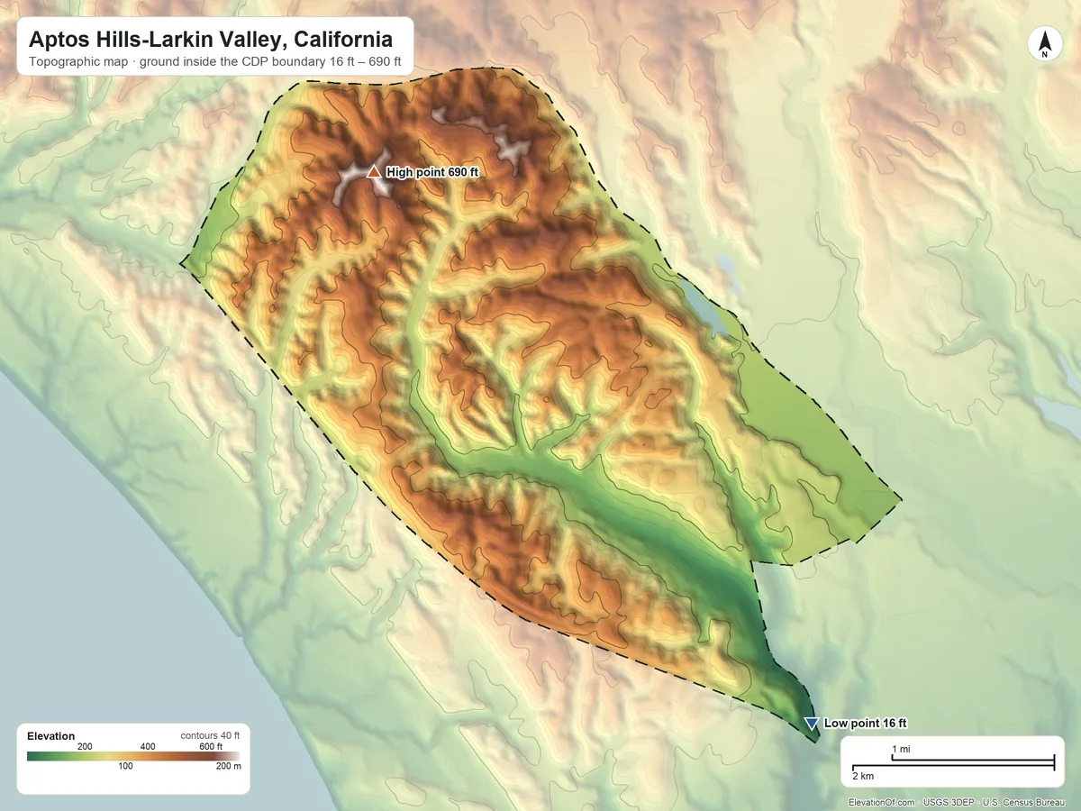 Topographic elevation map of Aptos Hills-Larkin Valley, California, shaded from 16 ft on the southeast side to 690 ft on the northwest side