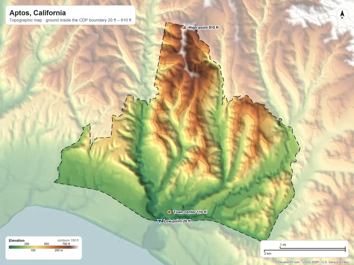 Topographic elevation map of Aptos, California, shaded from 20 ft near the middle to 910 ft at the foot of the Sierra Azul
