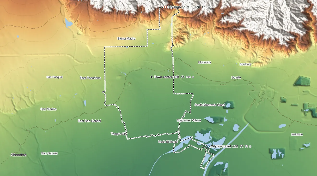 Topographic elevation map of Arcadia, California, shaded from 230 ft on the southeast side to 1,770 ft at the foot of the Transverse Ranges