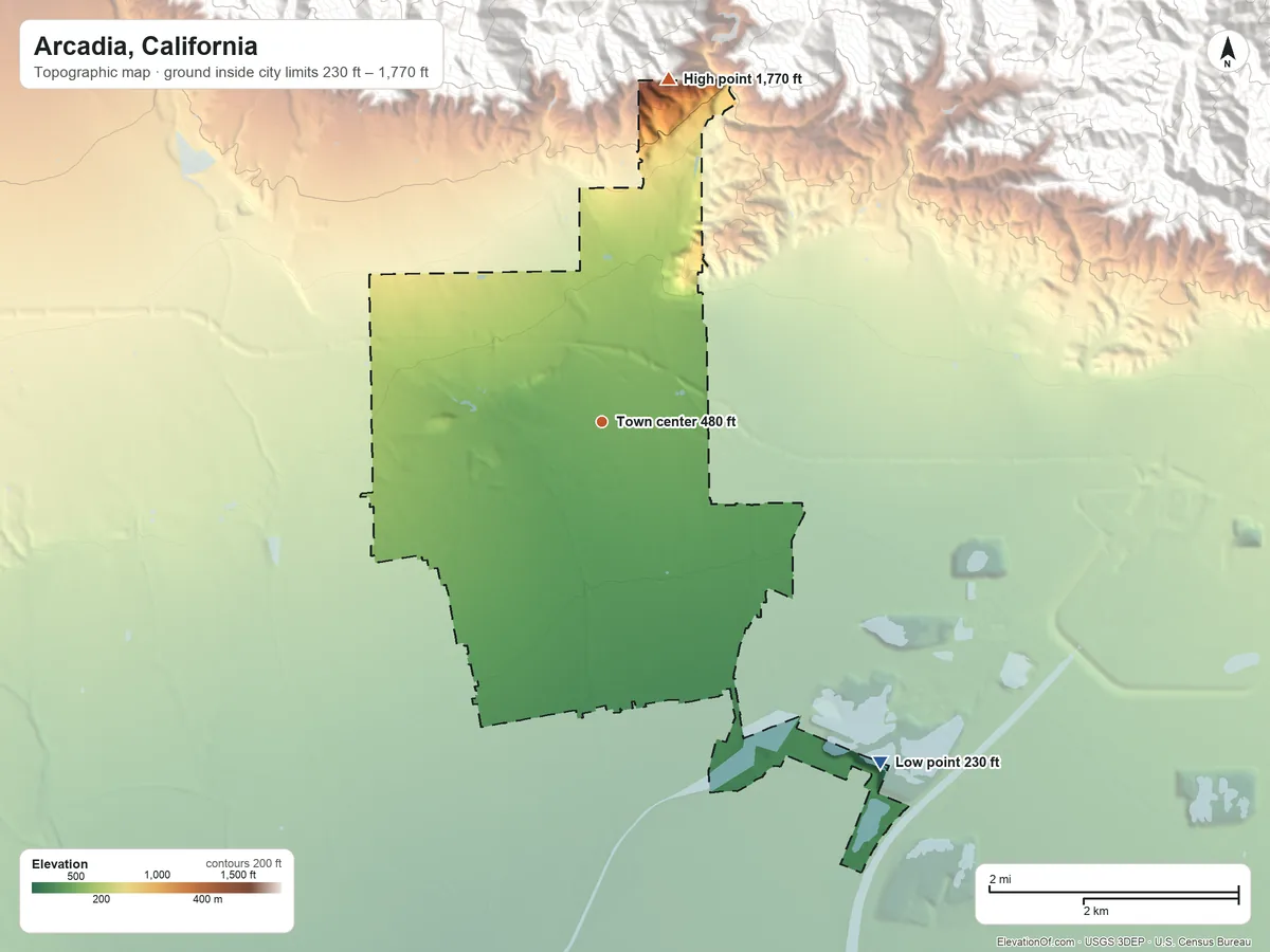 Topographic elevation map of Arcadia, California, shaded from 230 ft on the southeast side to 1,770 ft at the foot of the Transverse Ranges