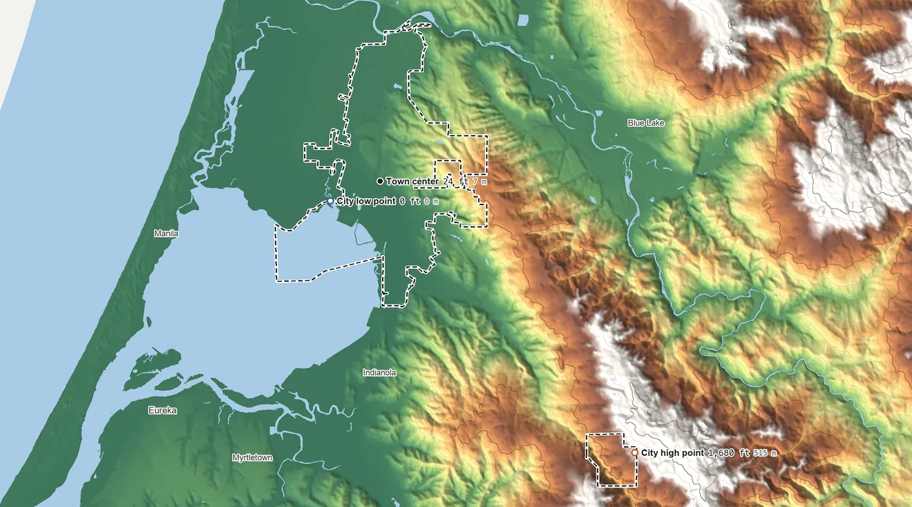 Topographic elevation map of Arcata, California, shaded from sea level level on Arcata Bay to 1,680 ft on the southeast edge, below higher ground just outside
