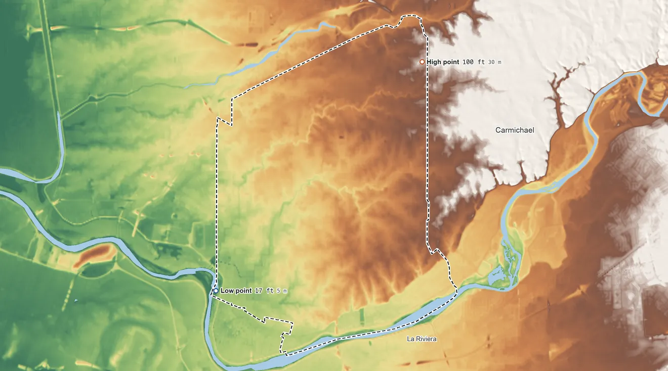 Topographic elevation map of Arden-Arcade, California, shaded from 17 ft on the southwest side to 100 ft on the northeast side