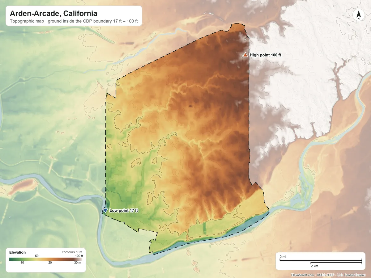 Topographic elevation map of Arden-Arcade, California, shaded from 17 ft on the southwest side to 100 ft on the northeast side