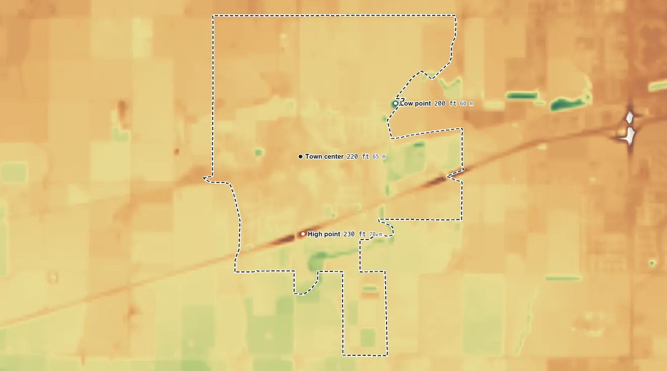 Topographic elevation map of Armona, California, shaded from 200 ft on the northeast side to 230 ft on the south side