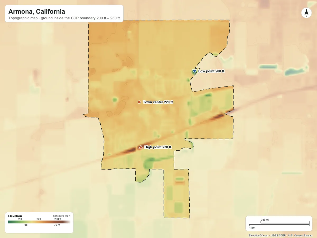 Topographic elevation map of Armona, California, shaded from 200 ft on the northeast side to 230 ft on the south side