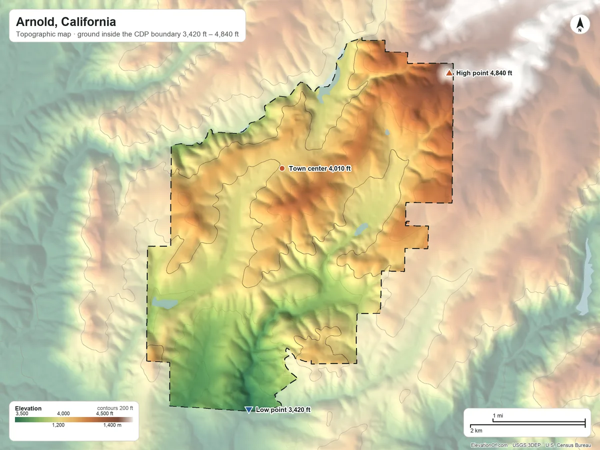 Topographic elevation map of Arnold, California, shaded from 3,420 ft on the south side to 4,840 ft on the northeast side