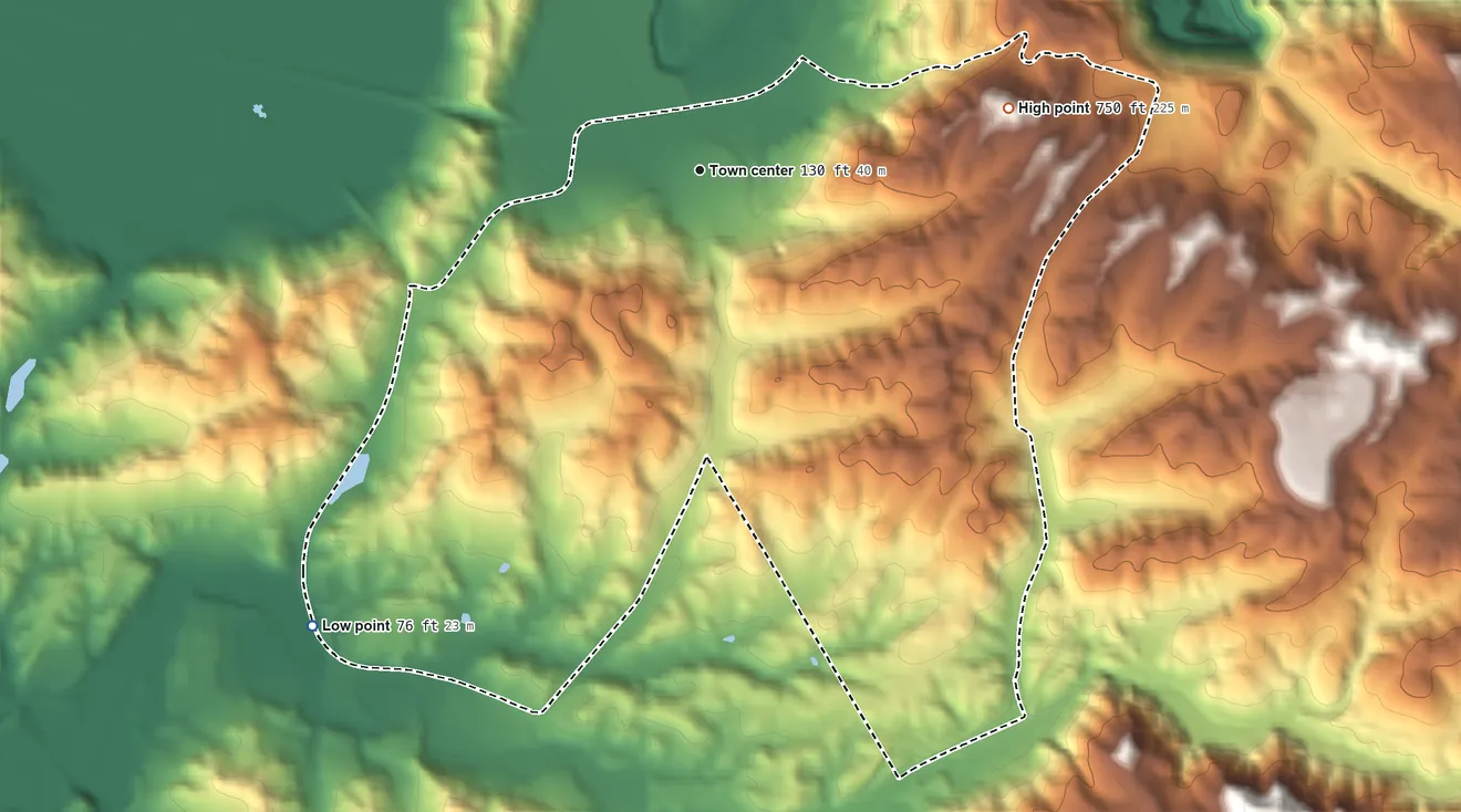 Topographic elevation map of Aromas, California, shaded from 76 ft on the southwest side to 750 ft on the east edge, below higher ground just outside