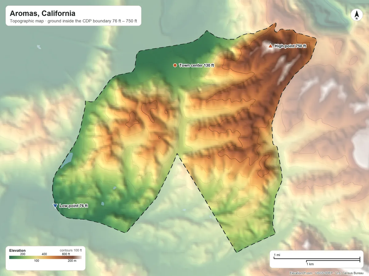 Topographic elevation map of Aromas, California, shaded from 76 ft on the southwest side to 750 ft on the east edge, below higher ground just outside