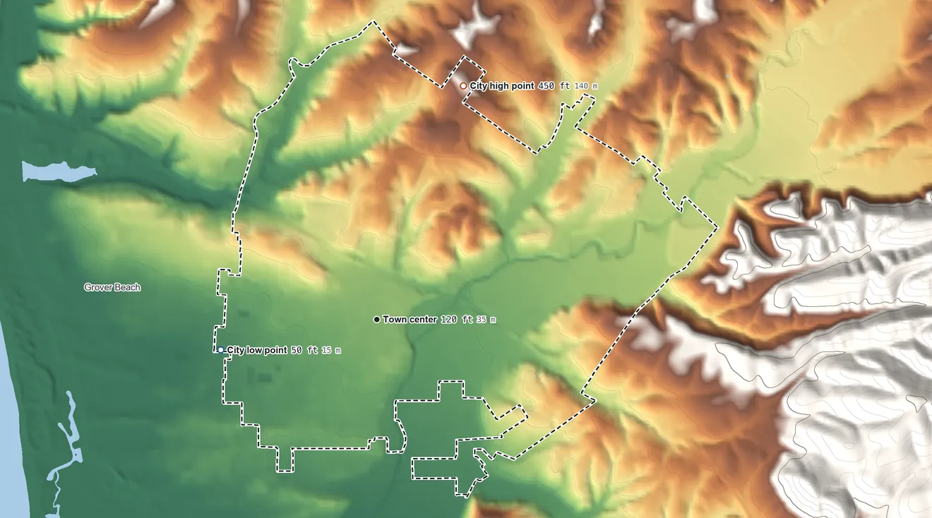 Topographic elevation map of Arroyo Grande, California, shaded from 50 ft on the west side to 450 ft on the north side